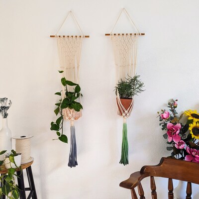 Handmade and Dip-Dyed Macrame Plant Hanger, Handwoven Ombre Colored Plant Hanging with Tassels, Sustainable Cotton Cords, Gift for Plant Mom - image1